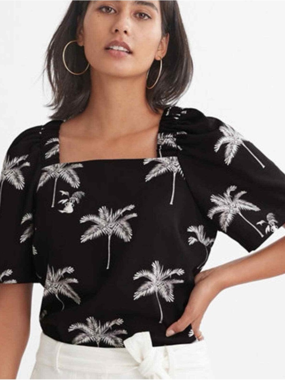 NWT Ann Taylor Black Palm Trees Square Neck Puff Sleeve Top XS
